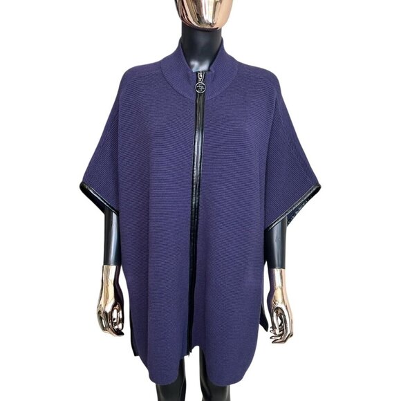 Chicos Purple Ruana Poncho Cape Sweater Zip Front Faux Leather Accent Trim S/M - Picture 4 of 12